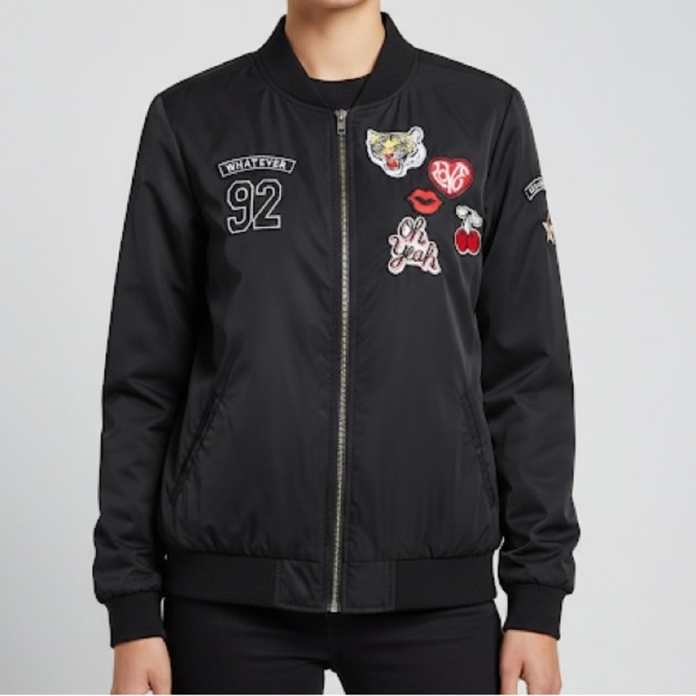 Torrid Black Bomber Jacket Size 1 Patch Graphic Tiger Lips Cherry Zip - Picture 1 of 11